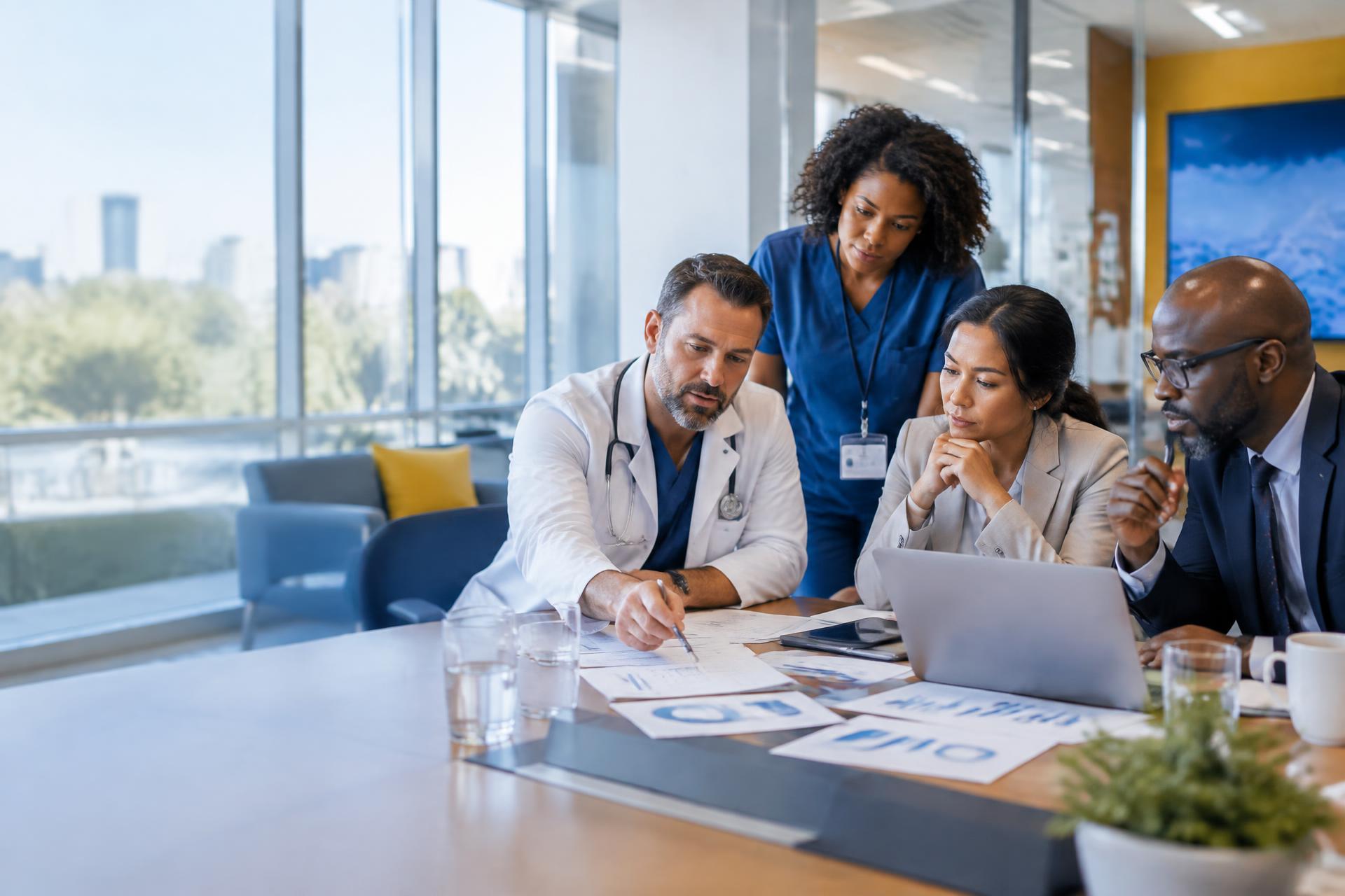 Physicians and healthcare operations leaders reviewing practice performance